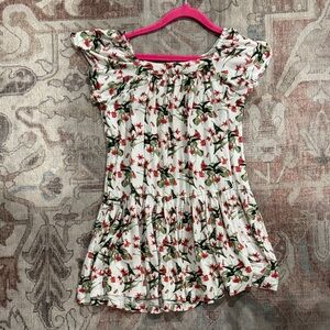 Kate Quinn The Woods Floral Tiered Dress — White with Red & Green Print Modal 5Y
